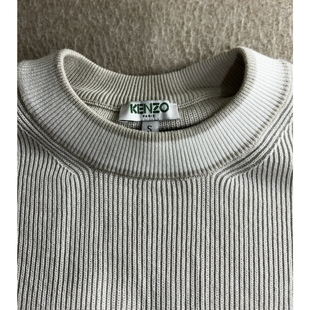 Kenzo Paris Beige Cotton Ribbed Sweater Sz Small Oversized Logo Cuffs Designer